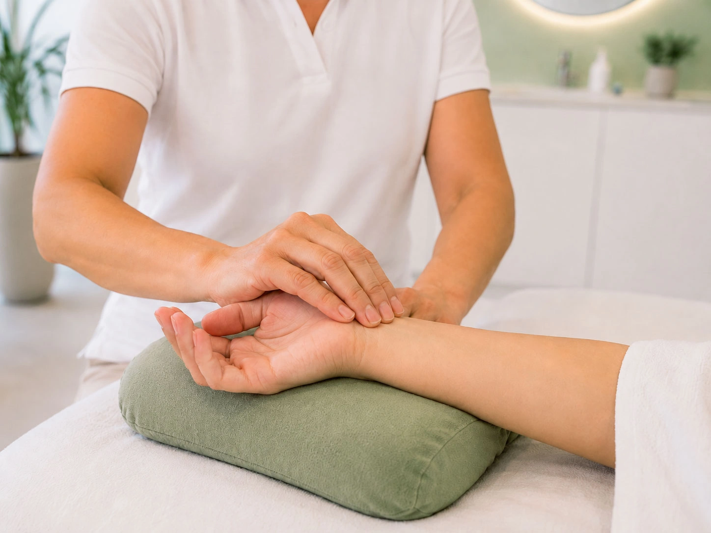 Therapeutin ertastet den Puls einer Patientin während der Untersuchung im Akupunktur Zentrum Villmergen